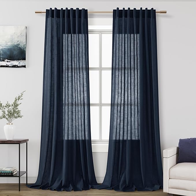 Nanspring Navy Blue Linen Curtains for Living Room 2 Panels Set Extra Long Back Tab Light Filtering Semi Sheer Curtain Drapes for Bedroom Neutral Farmhouse Ceiling to Floor for Large Window 52x100