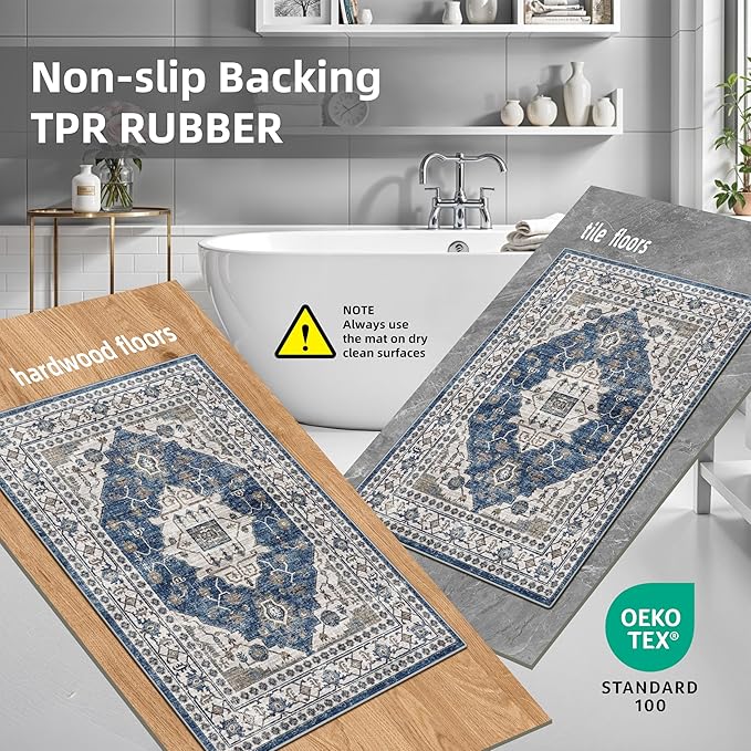 3 Pieces Kitchen Rug Sets: Farmhouse Washable Non-Slip Floor Mat for Sink Stove & Fridge Area Water Resistant Carpet for Laudry Room Entryway Soft Cozy Runners for Kids Pets Family(2x3+2x4+2x5,Blue)