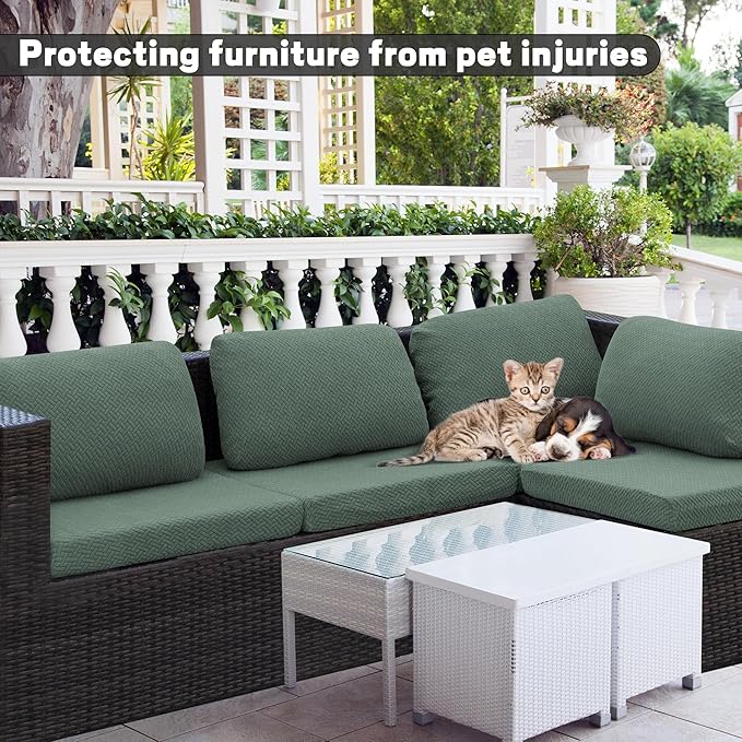 8Pcs Outdoor Cushion Covers, Patio Cushion Covers,Stretch Elastic Slipcovers, Replacement Washable Furniture Protector for Patio Couch,Thick Jacquard Textured Twill Fabric(Matcha Green,Cover Only)