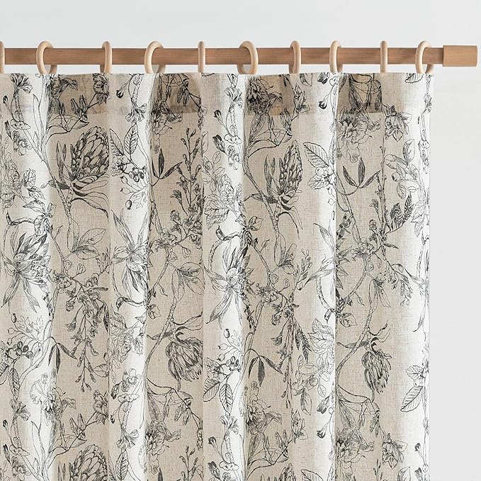 jinchan Floral Curtains 96 Inches Long Black Flower Linen Farmhouse Curtain for Living Room French Country Vintage Curtain Rod Pocket Curtains Set 2 Panels Balck Floral Printed