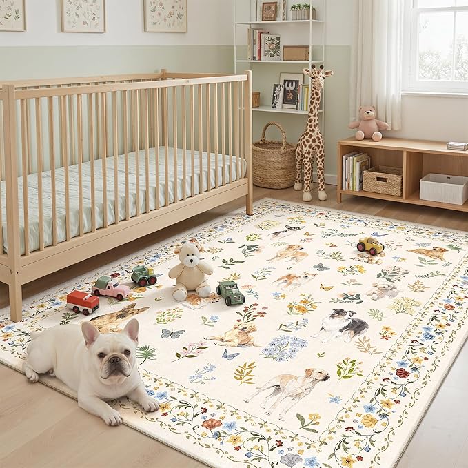Dog 6x9 Area Rugs for Living Room, Machine Washable Animal Floral Vintage Rug Non-Slip Low Pile Soft Throw Rugs for Bedroom Dining Room Kitchen Nursery Playroom (6 x 9,Beige)