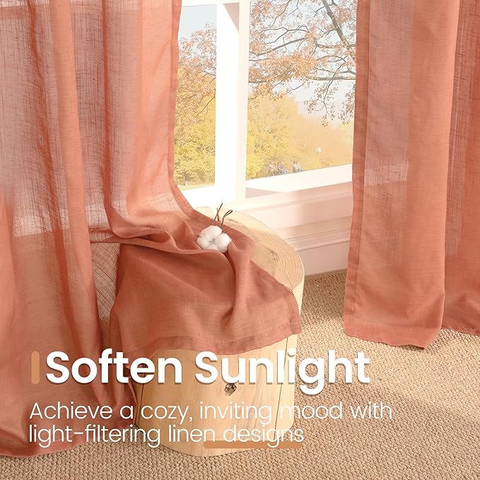 Terracotta Curtain Panels, 96 Inch Length, Light Filtering Linen-Style