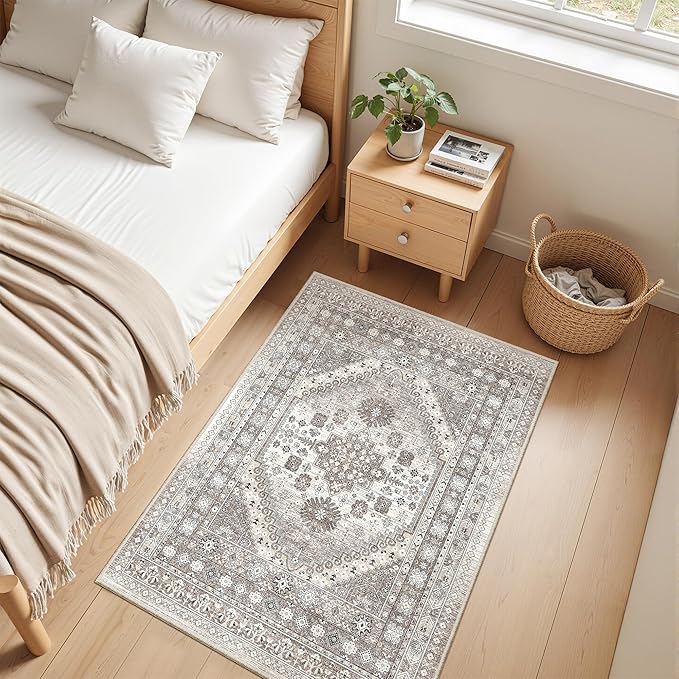 zesthome 2x3 Entryway Rug, Soft Washable Rugs, Non Slip Area Rug, Stain Resistant Low Pile Rugs for Bedroom, Vintage Rug for Door Mat, Kitchen (Brown/Beige,2'x3')