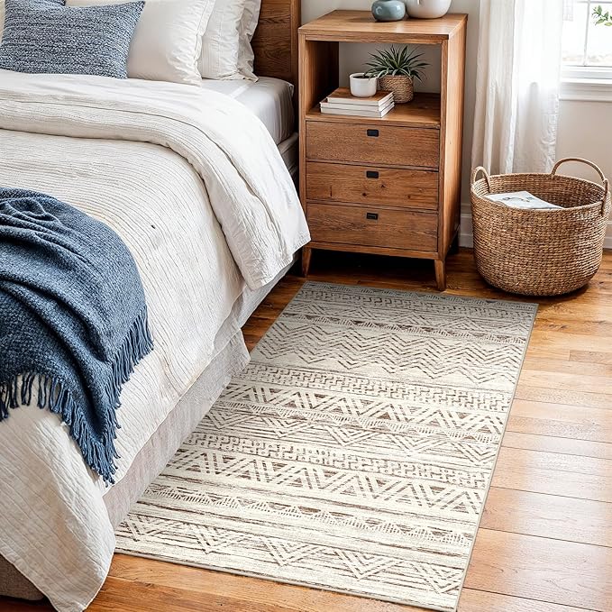 2x3 Washable Entryway Area Rug: Moroccan Small Runner Rug for Hallway Soft Modern Non Slip Door Mat with Rubber Backing Low Pile Thin Floor Carpet for Kitchen Bathroom Bedroom Indoor(Beige,2x3)