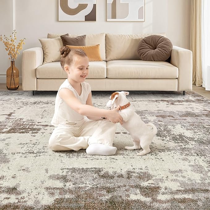 UERMEI 8x10 Area Rug Living Room Rugs - Washable Neutral Modern Abstract Soft Thin Rug Indoor Floor No Slip Rug Carpet for Bedroom Under Dining Table Home Office Decor - Brown/Grey/Beige