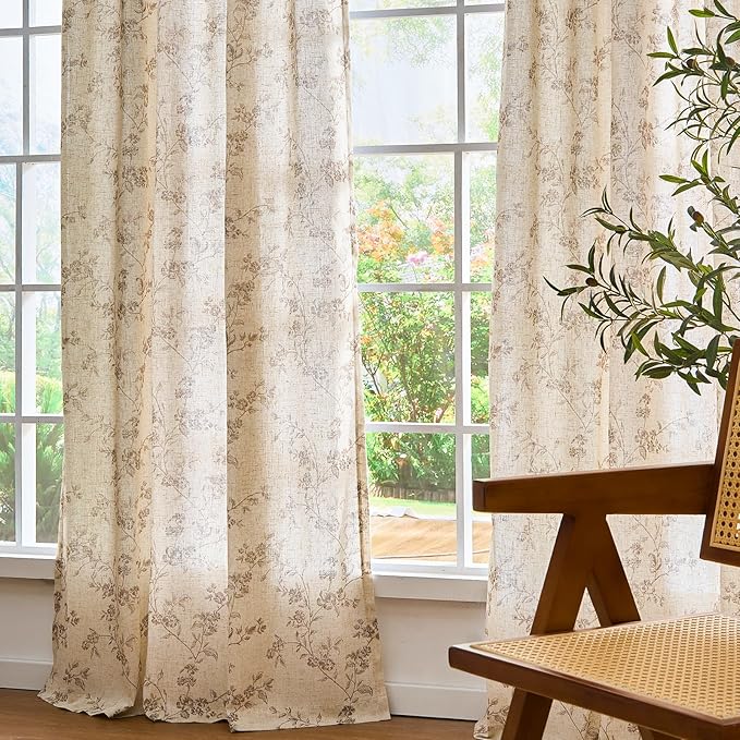 "Lazzzy Farmhouse Polyester blended Curtains Taupe Floral Curtains 96 Inch Length Back Tab Drapes for Living Room Bedroom Light Filtering Country Vintage Rod Pocket Curtain, 2 Panels, Taupe on Beige
