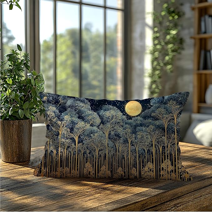Rustic William Morris Night Forest Moon Decor Pillow Covers 12x20,Vintage Dark Gold Botanical Nature Landscape Decorative Throw Pillow Covers for Home Bedroom Living Room