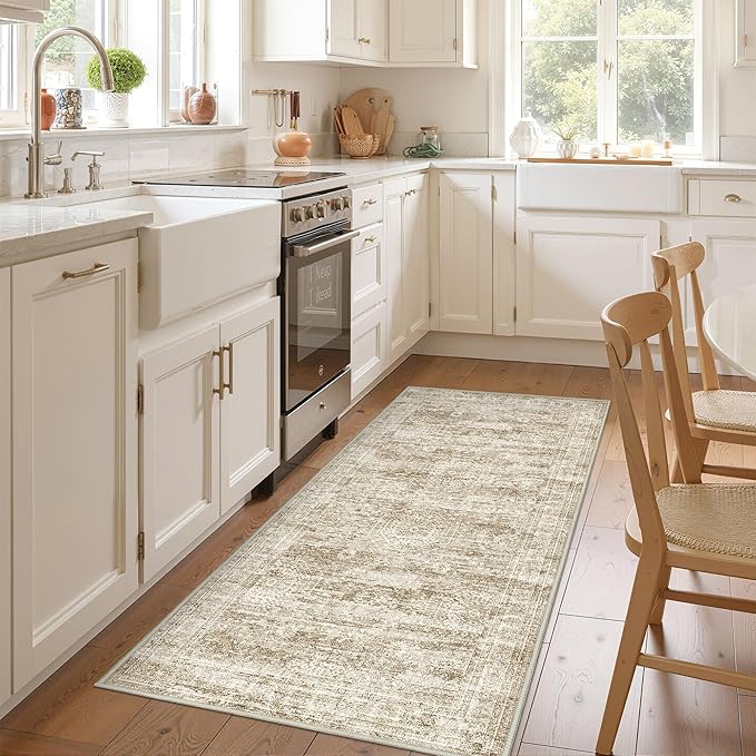 3x6 Runner Rug Non Slip, Thin Entryway Washable Rug for Entryway, Runners for Hallways, Low Pile Vintage Abstract Soft Rugs for Living Room, Kitchen, Bedroom(3'x6', Brown/Ivory)