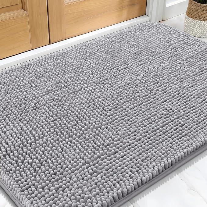 OLANLY Dog Door Mat for Muddy Paws 32x20, Absorbs Moisture and Dirt, Absorbent Non-Slip Washable Doormat, Quick Dry Chenille Mud Mat for Dogs, Entry Indoor Entryway Carpet for Inside Floor, Light Grey