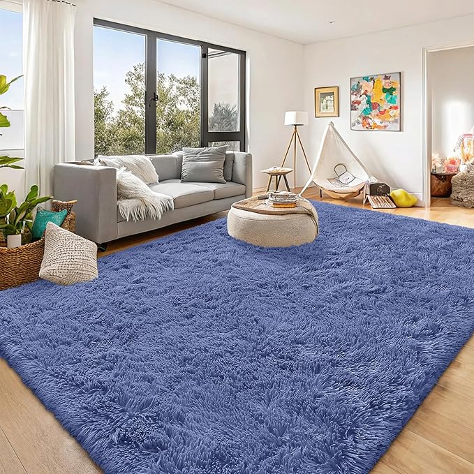 OLANLY 9x12 Machine Washable Large Area Rugs for Living Room, Bedroom, Soft Fluffy Shaggy Bedside Rug, Indoor Floor Carpet for Kids Girls and Boys, Dorms, Nursery, Home Decor Aesthetic, Denim Blue