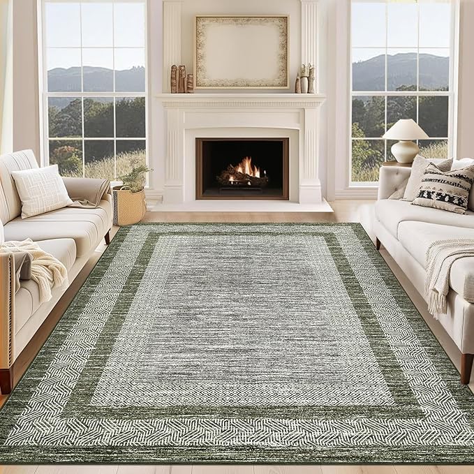 GarveeHome Modern Geometric Area Rug 5x7 Distressed Bordered Rug Washable Non Slip Floor Carpet Non Shedding Thin Rug, Soft Low Pile Rug, Contemporary Green Rug for Dining Room, Living Room
