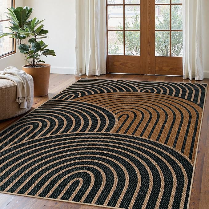 Lahome Enfys Modern Rainbow Easy Jute Carpet, Washable Rugs 5x7 for Living Room Black Farmhouse Dining Room Rug, Contemporary Natural Throw Mat Non Slip Floor Carpet for Office RV Patio