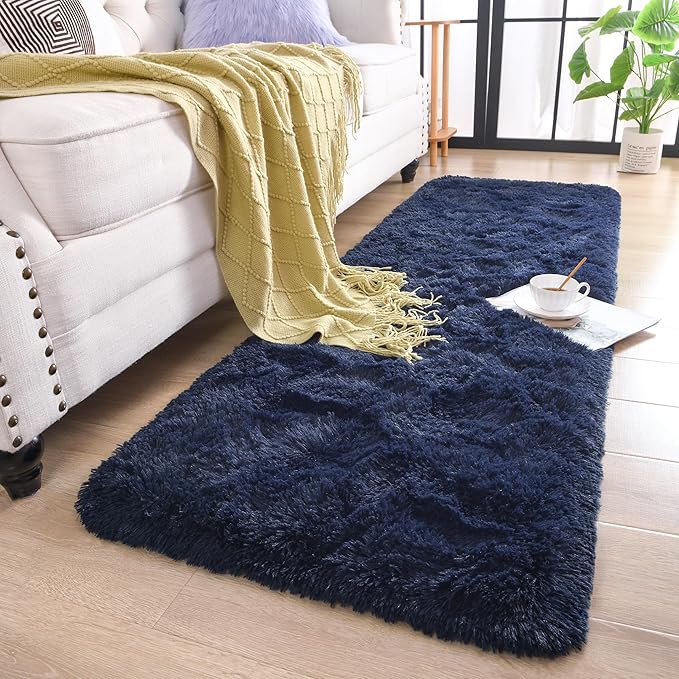 Chicrug Soft Runner Rugs for Bedroom Living Room Plush Fluffy Rug 2x7 Feet, Shag Furry Area Rug Carpet Non Shedding for Nursery Children Kids Girls Room Home Decorative, Navy Blue