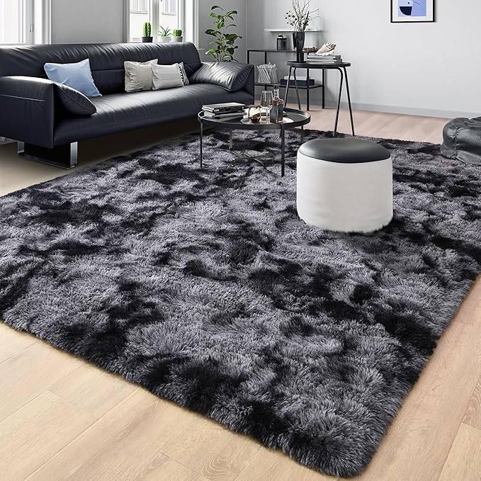 Tepook Fluffy Large Rugs for Living Room, 8x10 Area Rugs for Bedroom, Modern Shag Rug Fuzzy Carpets for Kids Boys Girls, Plush Indoor Nursery Home Decor Rug with Non-Slip Bottom, Tie-dye Dark Grey