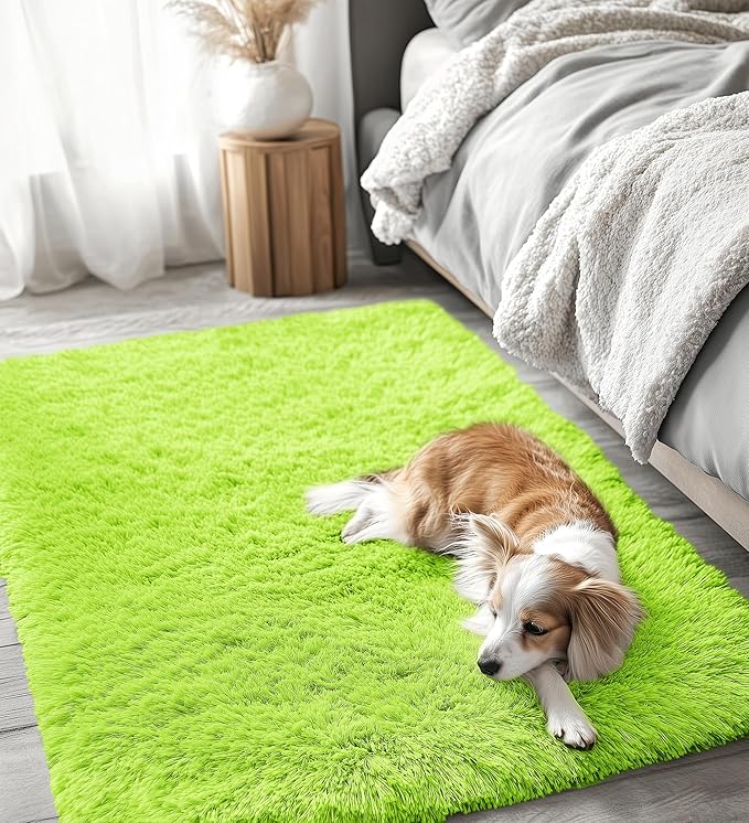 OLANLY 3x5 Machine Washable Small Bedside Rug, Soft Fluffy Shaggy Rugs for Living Room, Bedroom, Indoor Floor Carpet for Kids Girls and Boys, Preppy Dorms, Nursery, Home Decor Aesthetic, Lime Green