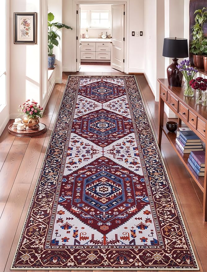 SERISSA Runner Rug for Hallways, 2'6"x10' Washable Non Slip Kitchen Runner Rug, Long Boho Rug Vintage Burgundy Navy Hallway Stair Ultra Soft Print Floor Carpet for Bedroom Bathroom Laundry Room
