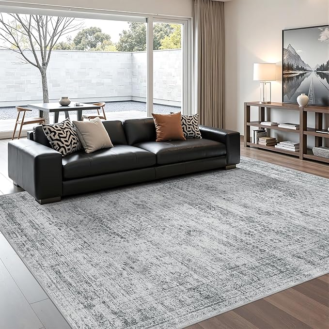 6x9 Rug for Living Room,Soft Low Pile Indoor Washable Rugs for Bedroom, Non-Slip Backing Vintage Large Area Rug, Printed Abstract Carpet(6'x9', Grey/Ivory)
