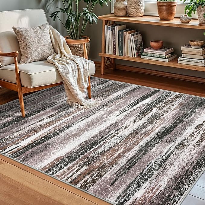 Lansny Modern Abstract Small Area Rug Indoor, Dark Light Brown White 3x5 Washable Rug Non-Slip Soft Entryway Rug Kitchen Mats Thin Print Faux Wool Floor Carpet Throw Rugs for Entrance Bedroom