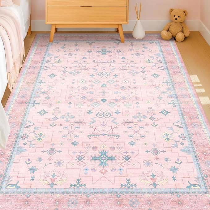 Hazo Haus Pink and Blue Washable 5x8 Living Room Rugs, Boho Aethestic Oushak Vintage Area Rug for Bedroom Girls Kids Playroom Nursery Room, Non-Slip Rubber Backing Stain Resistant