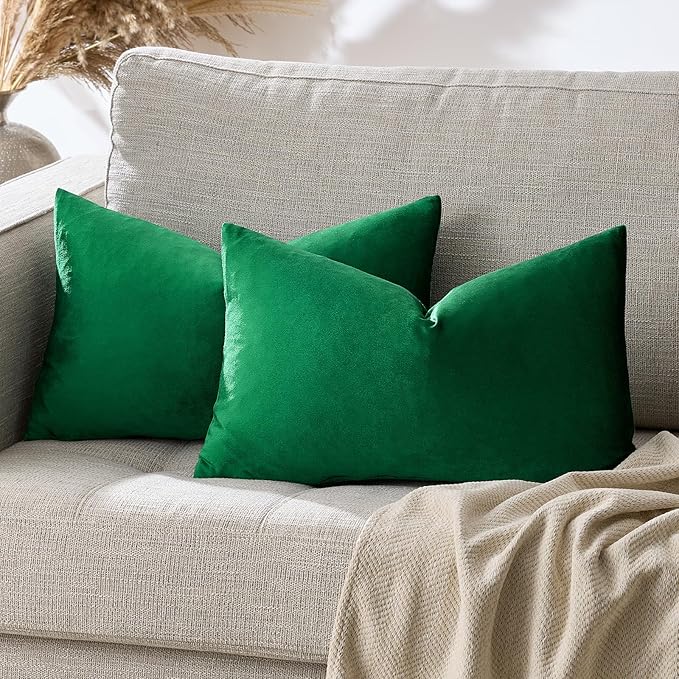 GIGIZAZA Decorative Small Lumbar Pillow Covers, Set of 2 Cushion Covers Velvet Forest Green Pillows,Sofa Throw 12 X 20 Pillow Covers