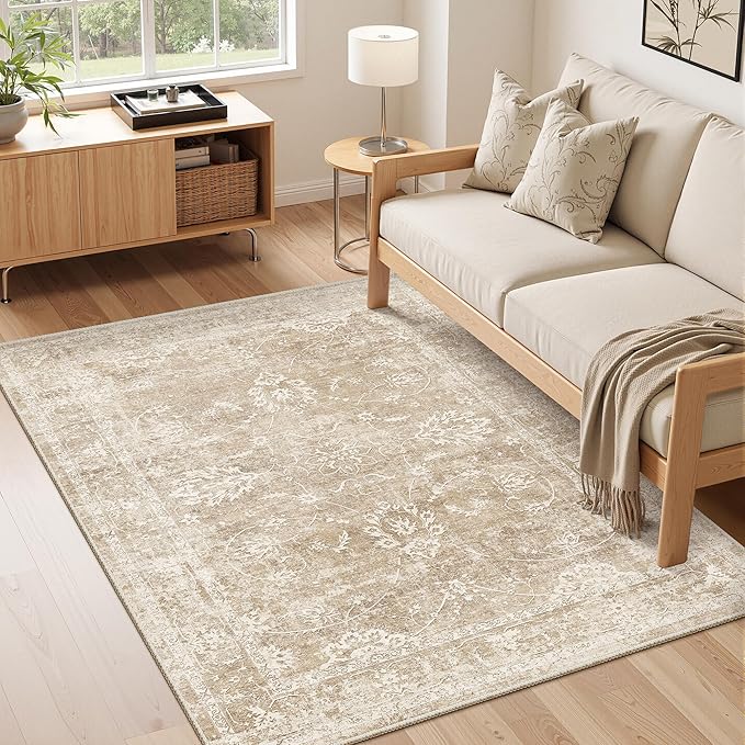 Madane Washable Area Rug 4x6, Low Pile Stain Resistant Vintage Area Rugs, Non Slip Accent Rug Floral Print Indoor Mat for Entryway Living Room Kitchen Bedroom, Beige/Brown