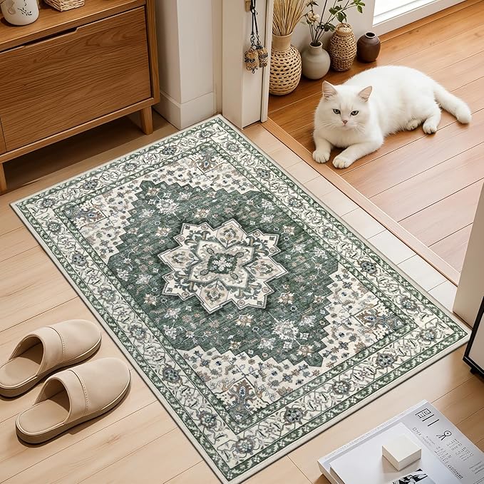 2x3 Area Rugs Living Room Rug: Washable Vintage Boho Medallion Rug No Slip Stain Resistant Soft Carpet Indoor Large Carpets for Bedroom Dining Room Farmhouse Nursery Hallway Home Office Green Ivory