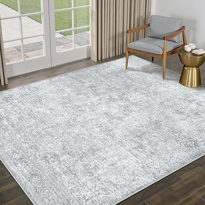 PureCozy 5x7 Area Rug Washable Vintage Living Room Carpet Large Indoor Non Slip Grey Bedroom Distressed Low Pile Retro Accent Throw Rug for Dining Room