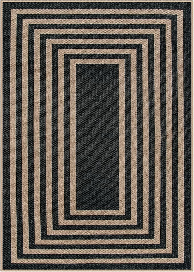 Lahome Enfys Modern Geometric Easy Jute Outdoor Rug, 5x7 Patio Living Room Rug Large Black Carpet for Bedroom, Farmhouse Washable Indoor Outdoor Carpet for Dining Room Backyard Deck