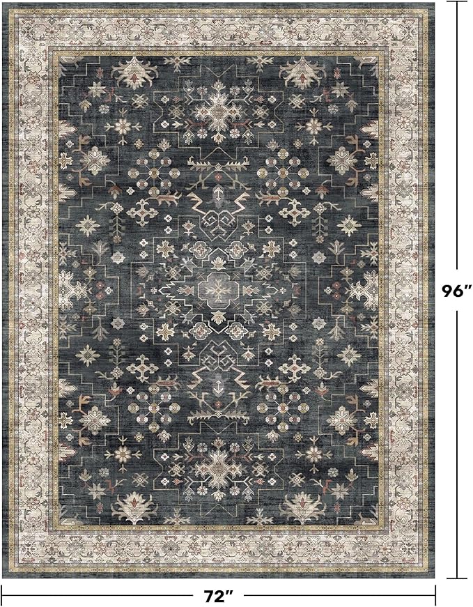Hazo Haus Boho Dining Room Rugs for Under Table - Washable Black Area Rug for Living Room, Low Pile Non-Slip Rugs for Bedroom, Office - Charming Geometric Decor & Stain Resistance - 6x8 Black/Multi