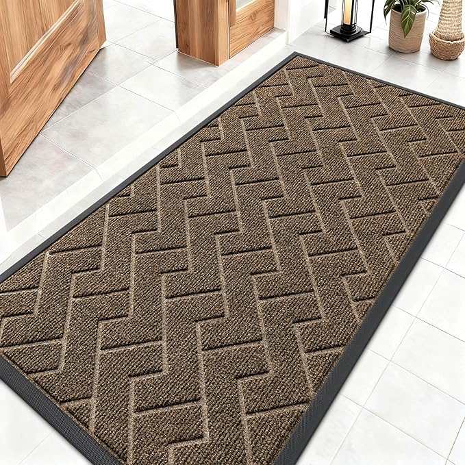 OLANLY Front Door Mat Indoor Outdoor Entrance, Waterproof All-Season, All-Weather Doormat, Sturdy Natural Rubber, Low Profile, Easy Clean Patio Porch Entryway Mat, Herringbone Brick (Brown, 47x23)