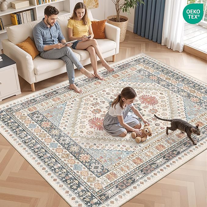 Washable Rugs 8x10 Area Rugs for Living Room, Non-Slip Backing Large Rug for Nursery Room, Vintage Floral Bedroom Rugs, Thin Indoor Home Decor Soft Farmhouse Rug (Blue/Red/Multi,8'x10')