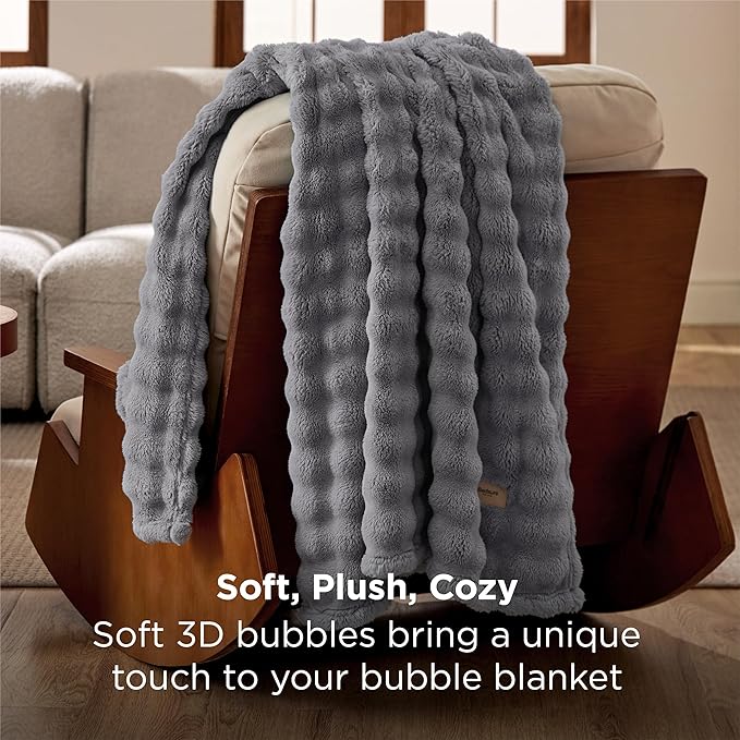 Bedsure 3D Fleece Bubble Blanket for Couch - GentleSoft Grey Twin Blanket for Sofa Bed Room Decor - Luxury Soft Cozy Gifts for Kids, Lightweight, All Seasons, Grey, 60"×80"
