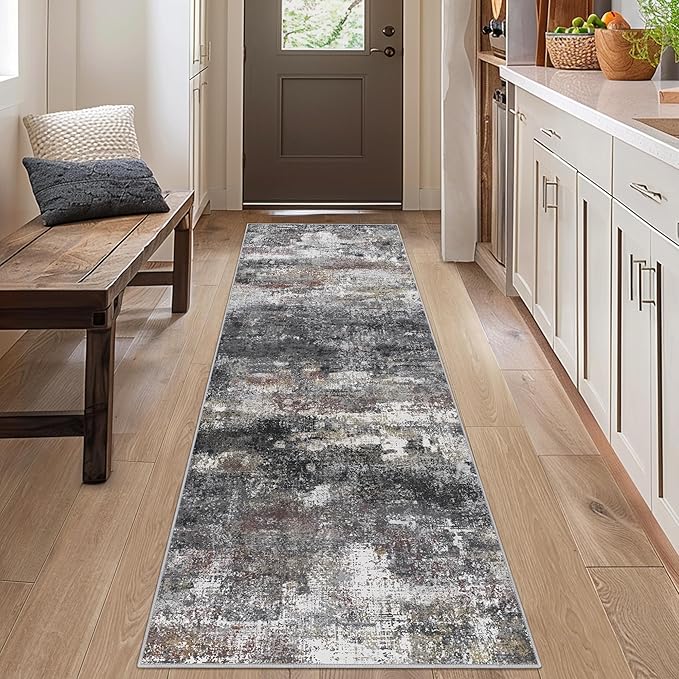 Runner Rug for Hallway Kitchen, 2x5 Machine Washable Runners Rug for Entryway, Soft Modern Abstract Throw Rugs, Low Pile Floor Cover with Non Slip Backing, Dark Gray