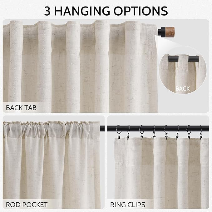 Nanspring Pearl White Linen Curtains 96 Inches Long for Living Room Coastal Decor Luxury Light Filtering Semi Sheer Curtain Back Tab Modern Farmhouse Drapes for Bedroom Office 52x96, 2 Panels