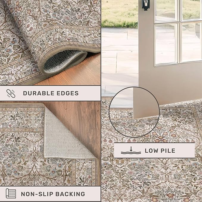 Hazo Haus Non Slip 2x10 Moss Green Hallway Runner - 10ft Long Runner Rugs, Washable Kitchen Floor Mat - Vintage Brown Taupe Neutral Floral Design Décor