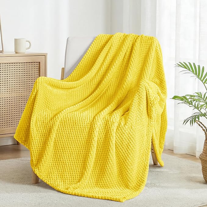 Exclusivo Mezcla Fleece Throw Blanket Extra Large, Super Soft and Warm Blankets for Couch, Sofa and Bed Waffle Textured, Cozy, Fuzzy and Lightweight (Vibrant Yellow, 50x70 Inches)