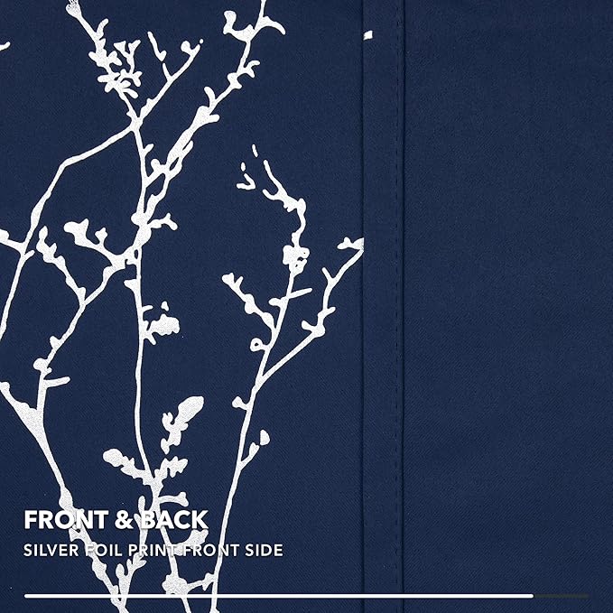 Deconovo Blackout Curtains, Navy Blue Curtain, Thermal Insulated Soundproof Drapes, Branch Silver Print, 42 x 72 Inch Long, Machine Washable Grommet Panels for Bedroom Living Room Office, Set of 2