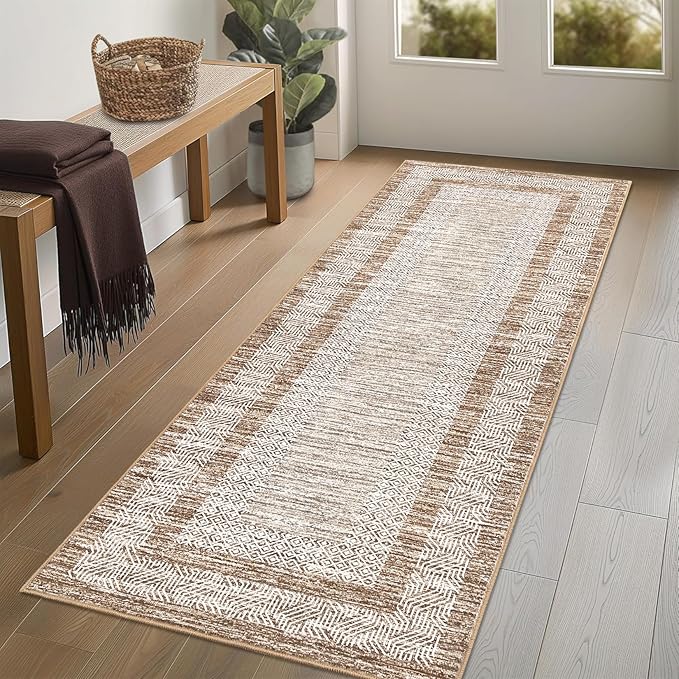 GarveeHome 2.5x8 Modern Bordered Runner Rug Soft Non Slip Washable Floor Carpet Distressed Geometric Hallway Indoor Printed Rug for Kitchen Entrance, Brown