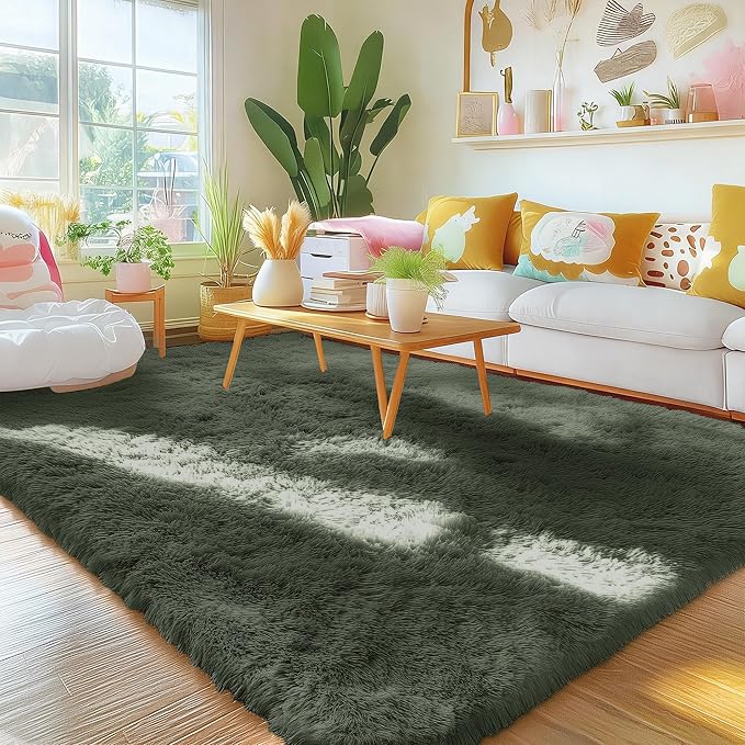 OLANLY Area Rugs for Living Room Bedroom, Machine Washable 4x5.9 ft Soft Fluffy Shaggy Bedside Rug, Indoor Floor Carpet for Kids Girls and Boys, Dorms, Nursery Rooms, Home Decor Aesthetic, Olive Green