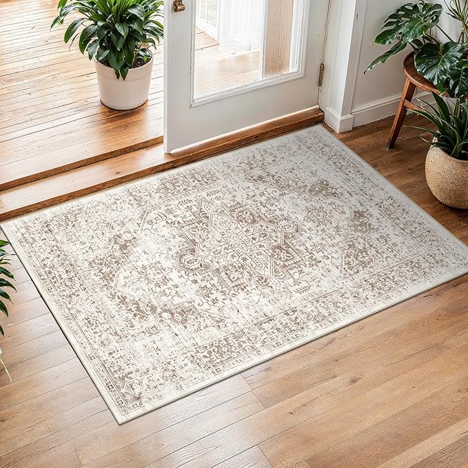 2x3 Entryway Area Rug Washable - Neutral Small Entry Rug Kitchen Rug Runner Vintage Soft Floor Mat Non Slip Indoor Farmhouse Carpet for Bedroom Bathroom Living Room (Cream/Camel)