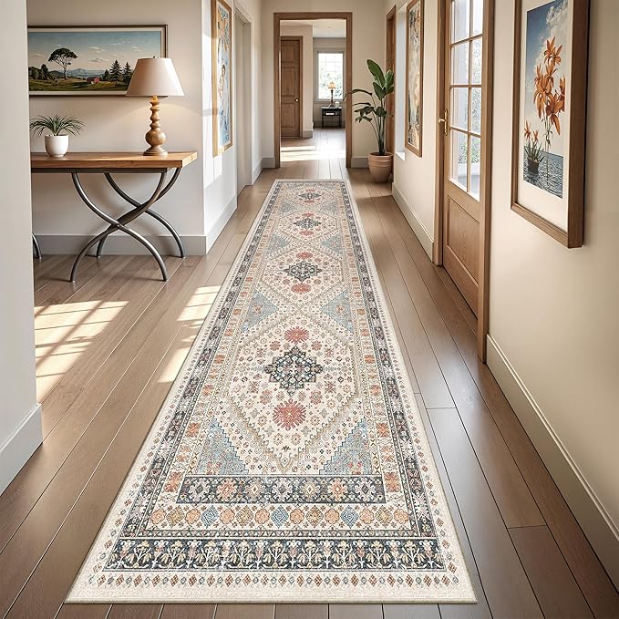 Runner Rug 2x10, Ultra-Thin Kitchen Rugs Non Slip Washable Rugs for Entryway Rug, Kitchen Runner Low Pile Vintage Soft Carpets for Living Room, Bathroom Bedroom (Blue/Red/Multi,2'x10')