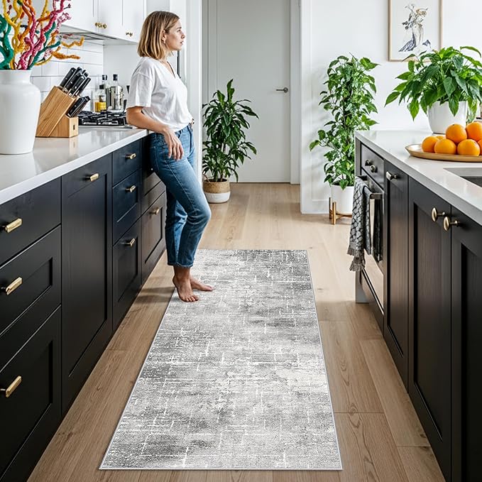 Washable Abstract 2x6 Kitchen Rug: Non-Slip Sink Stove Floor Mat Water-Resistant Entryway Bathroom Carpet Soft Dining Room Bedroom Runner for Family with Elderly Dogs Modern Home Decor(2x6 Light/Grey)