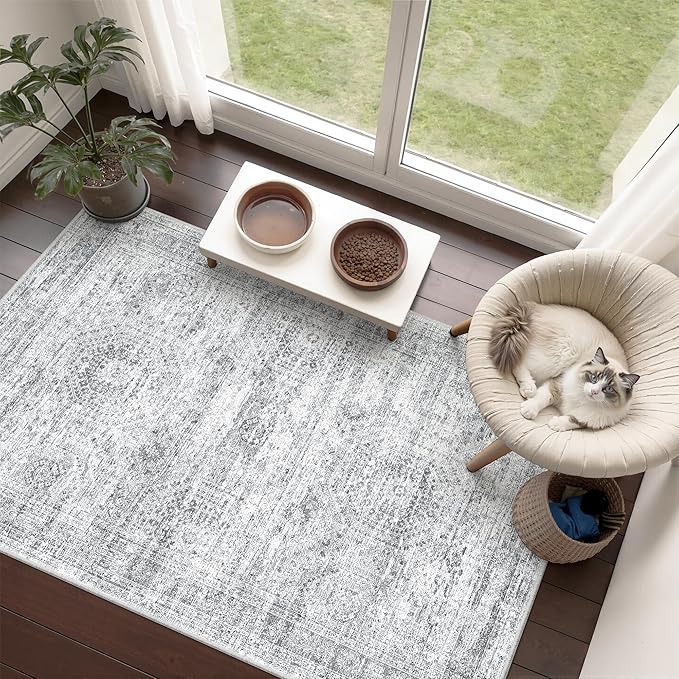 3x4 Washable Area Rug for Entryway, Soft Kitchen Rugs Non Slip for Dining Room, Vintage Abstract Living Room Rug, Thin Area Rugs Indoor for Bedroom, Kids Room Decor(3'x4', Grey/Ivory)