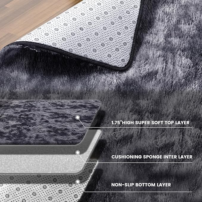 8x10 Feet Area Rugs for Living Room, Shag Fluffy Bedroom Carpet, Soft Rugs for Nursery, Furry Rugs for Girls Boys Kids Room, Extra Large Fuzzy Rug, Tie-Dyed Dark Gray