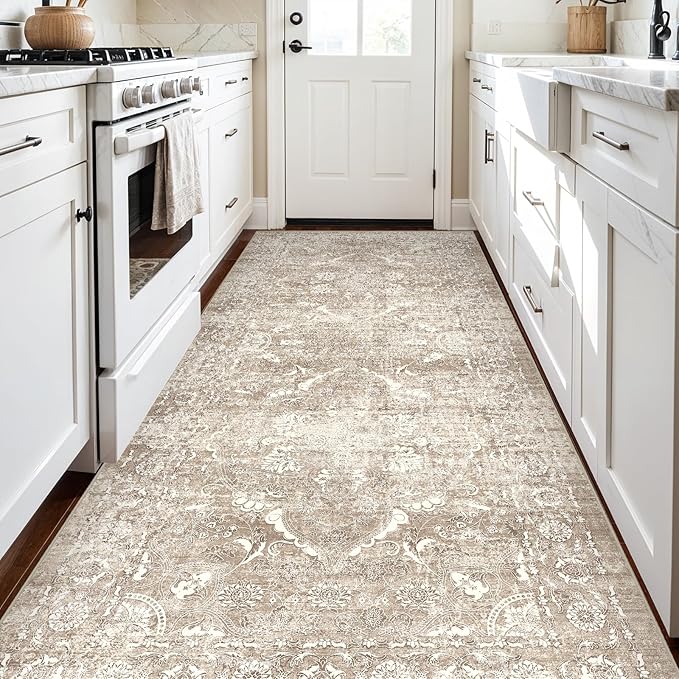 4x8 Washable Hallway Runner Rug - Wide Kitchen Runners Vintage Low Pile Carpet Soft Thin Floor Runner with Rubber Backing for Entryway Bedroom Living Room Home Decor (Beige)