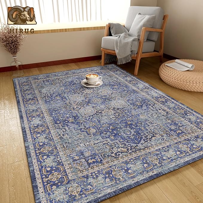 Washable Area Rug 9' x 12' Vintage Traditional Persian Mat - Foldable Distressed Non-Slip Machine Washable Carpet for Living Room Bedroom Kitchen Home Decor - Indigo and Gold