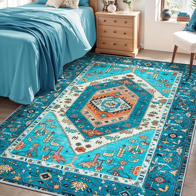 SERISSA 4x6 Boho Bedroom Rug, Washable Non Slip Vintage Blue Area Rugs, Ultra Soft Print Distressed Tribal Entry Rug Low-Pile Throw Carpet for Nursery Dorm Kitchen Living Room Decor