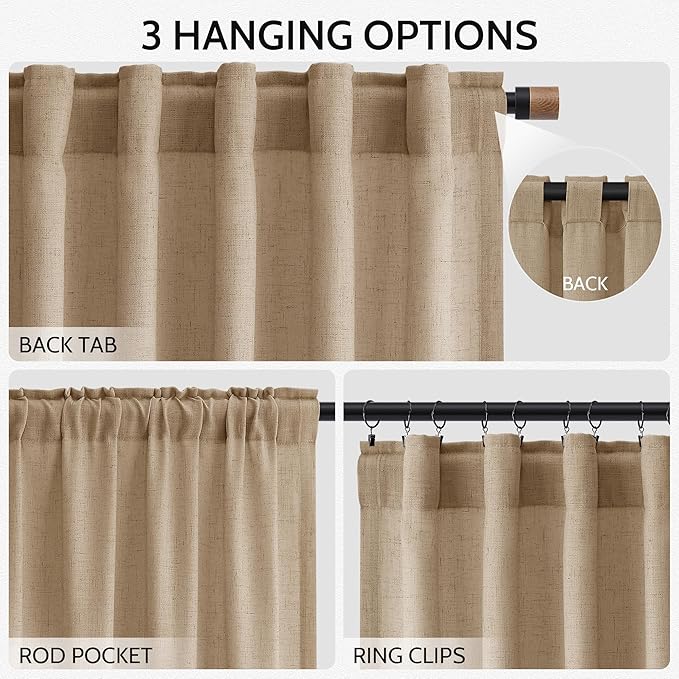 Nanspring Sand Beige Curtains 102 Inches Long for Living Room Bedroom Linen Light Filtering Simple Modern Curtains Back Tab Privacy Semi Sheer Curtain for Dinner Room Office 52x102, 2 Panels
