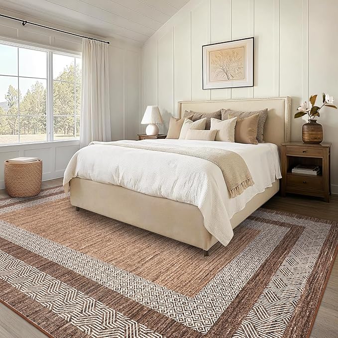 GarveeHome Small Bedroom Area Rug 3x5 Bordered Area Rug for Living Room Nursery Non Slip Kitchen Throw Carpet Low Pile Modern Rugs Washable Bathroom Mat Soft Brown Rugs for Laundry, Dark Brown