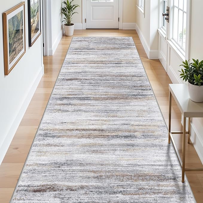 Large Runner Rugs for Hallway 4x16: Non-Slip Washable Wide Carpet - Soft Low-Pile Stain and Spill Resistant Rug for Entryway Living Room Dining Room Balcony Garage Office Beige Grey